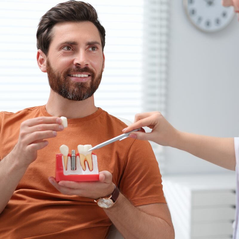 Doctor,With,Educational,Model,Of,Dental,Implant,Consulting,Patient,In